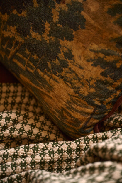 Evergrove Printed Velvet Pillow close up with plaid throw