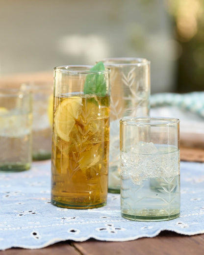 Recycled Etched Glass Tumbler, Green on outside table with drinks 