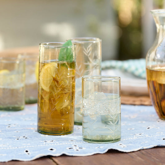 Recycled Etched Glass Tumbler, Green on outside table with drinks 