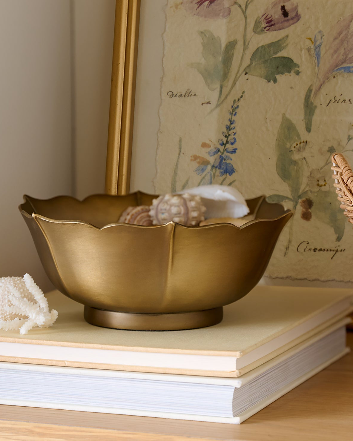 Ellie Antiqued Brass Decorative Bowl styled on top of books on shelf