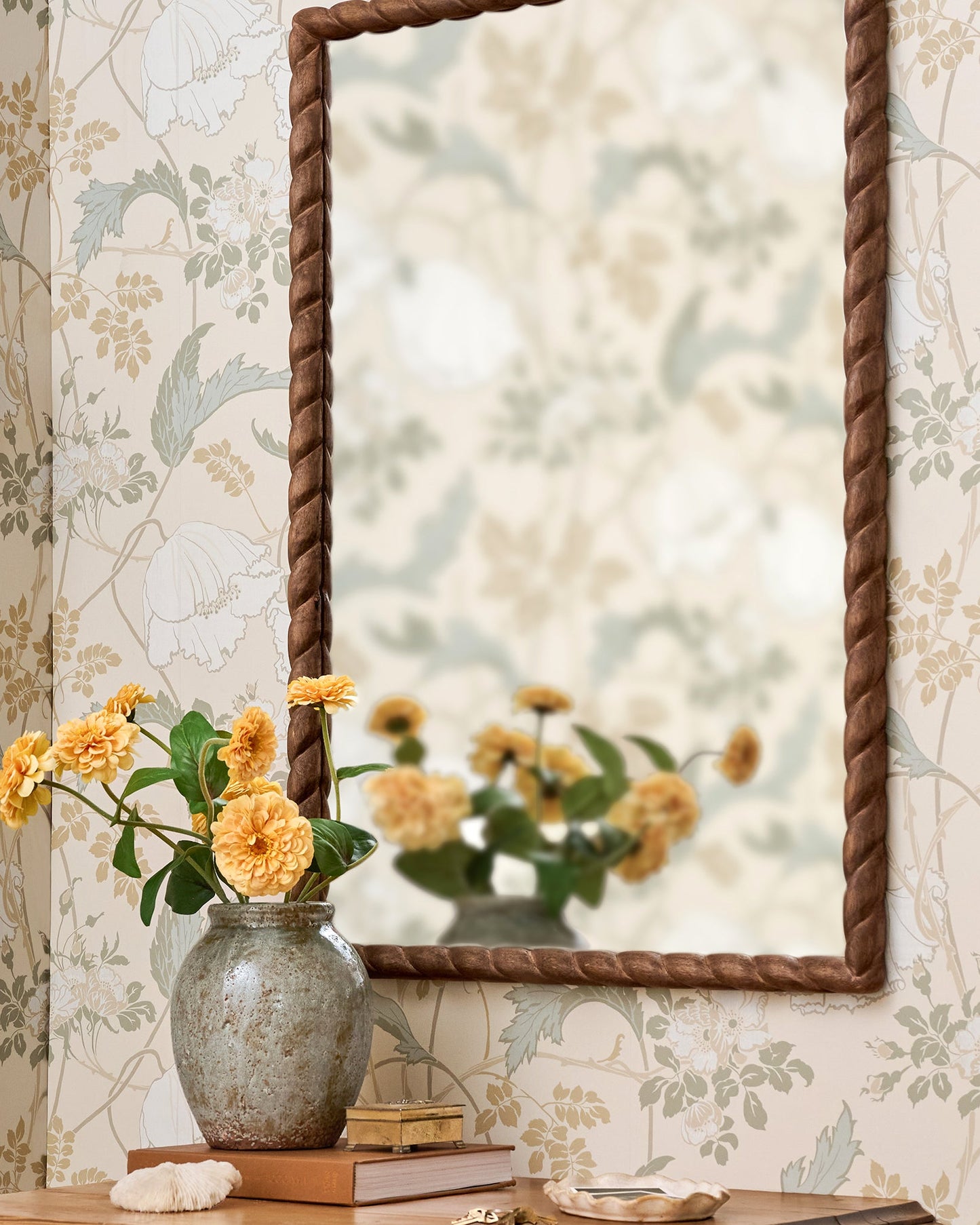 Turned Wood Vanity Mirror styled on wall