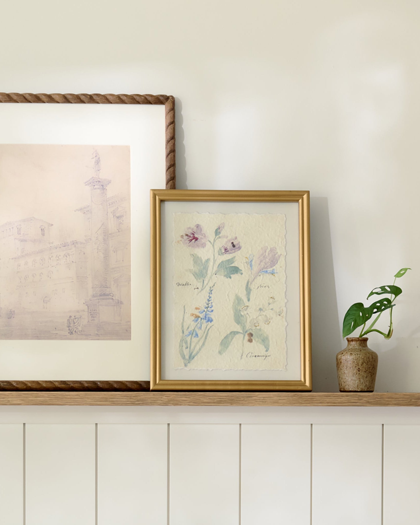 Watercolor Floral Framed Print shown on a shelf
