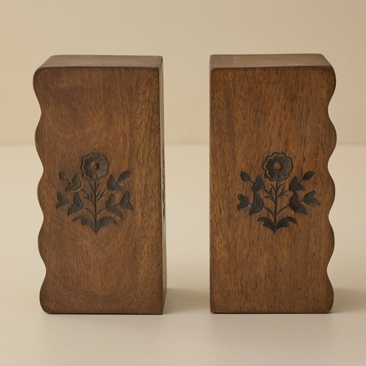 Solid Wood Floral Carved Bookends