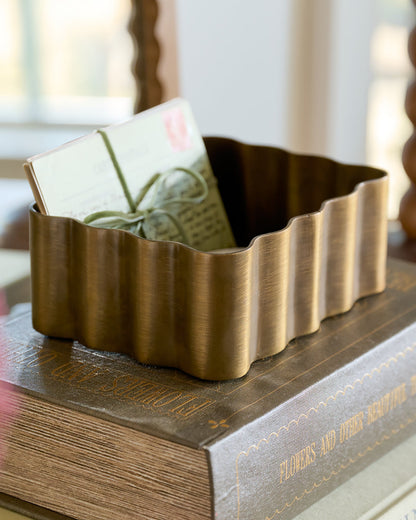 Antiqued Brass Scalloped Box styled with letters inside