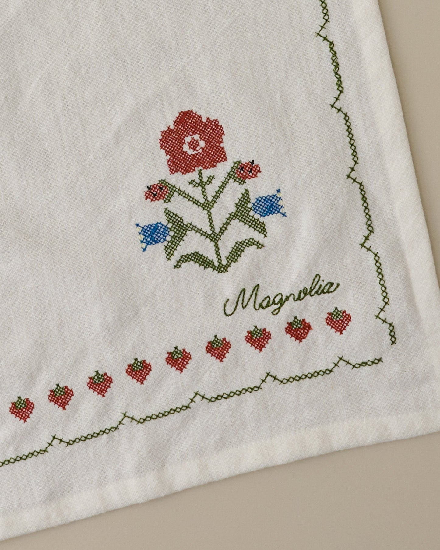 Cross Stitch Strawberry Fields Tea Towel close up