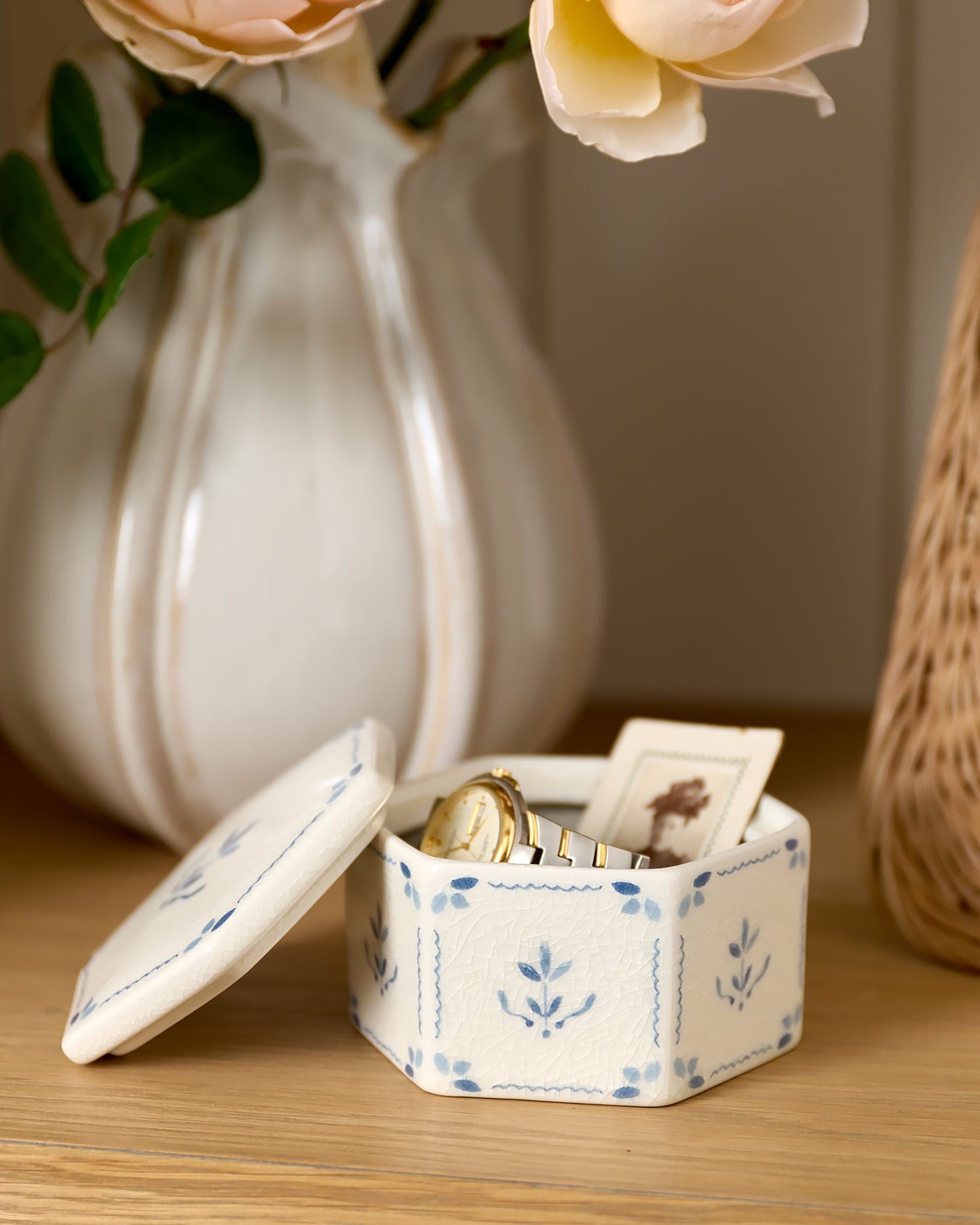 Juliet Ceramic Decorative Canisters on shelf with jewelry and photos