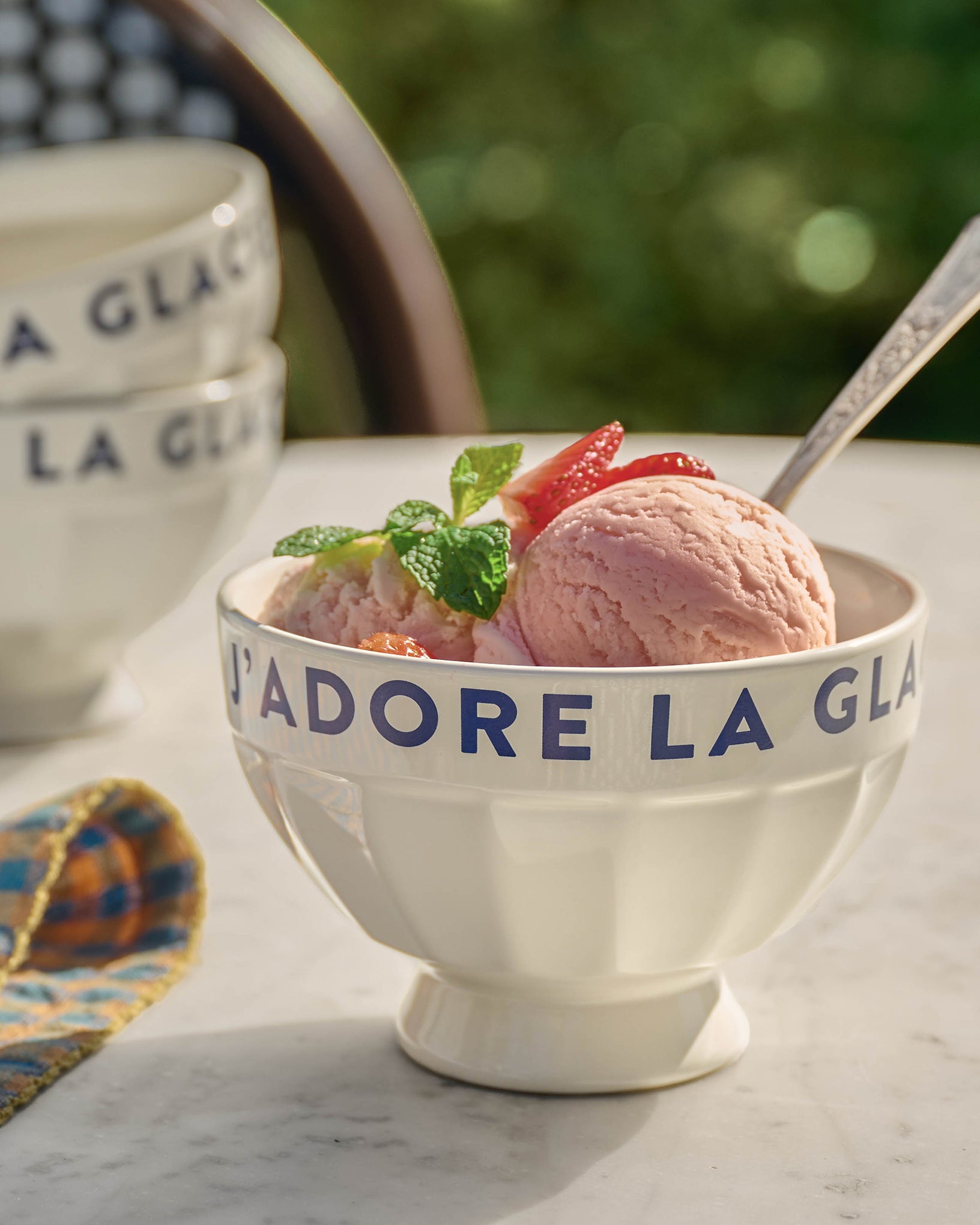 Ice Cream Bowl in white with strawberry ice cream
