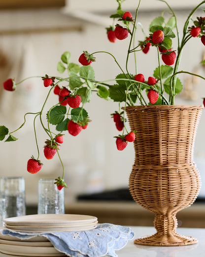 Strawberry Vine shown in rattan vase in kitchen 