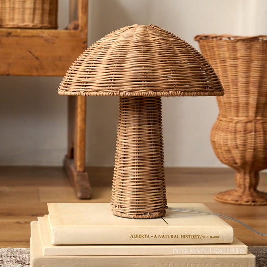 Woodland Rattan Table Lamp on top of books