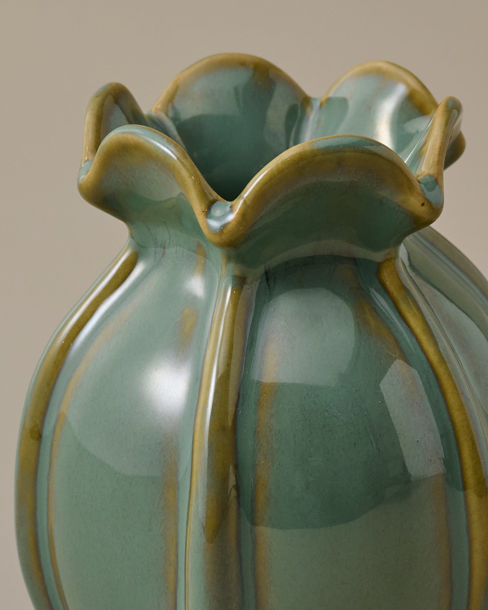 Jocelyn Green Ceramic Ruffled Vase close up