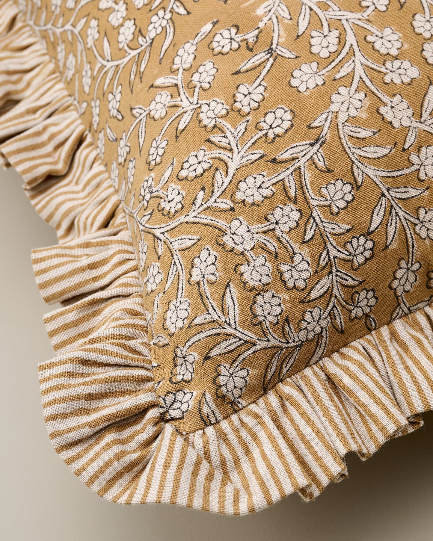 Maggie Ruffle Edge Floral Block Print Pillow close up