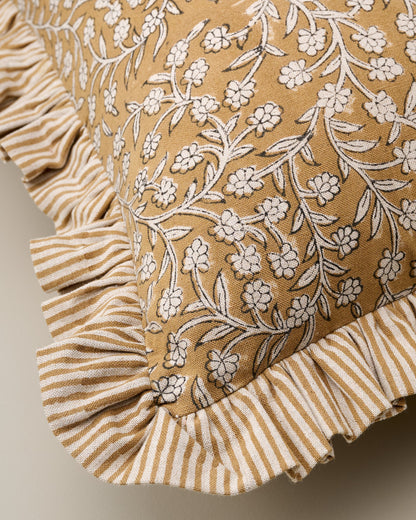 Maggie Ruffle Edge Floral Block Print Pillow close up