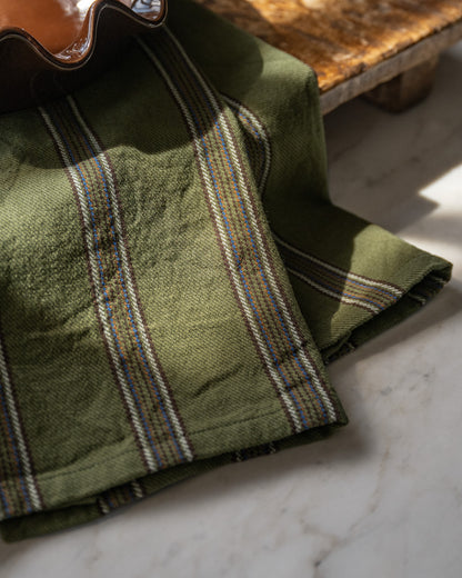 Olive Herringbone Stripe Tea Towel paired with chocolate scalloped pie dish