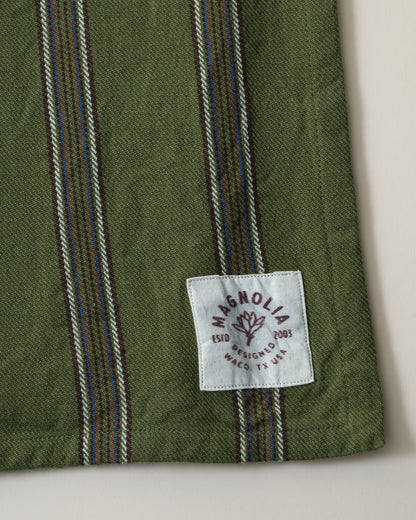 Olive Herringbone Stripe Tea Towel close up logo and stripe pattern