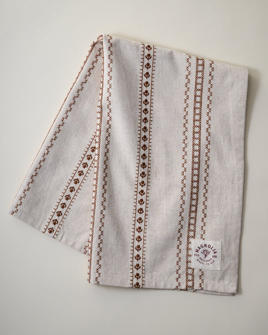 Natural Embroidered Stripe Tea Towel
