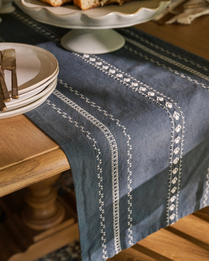 Dusty Blue Embroidered Table Runner