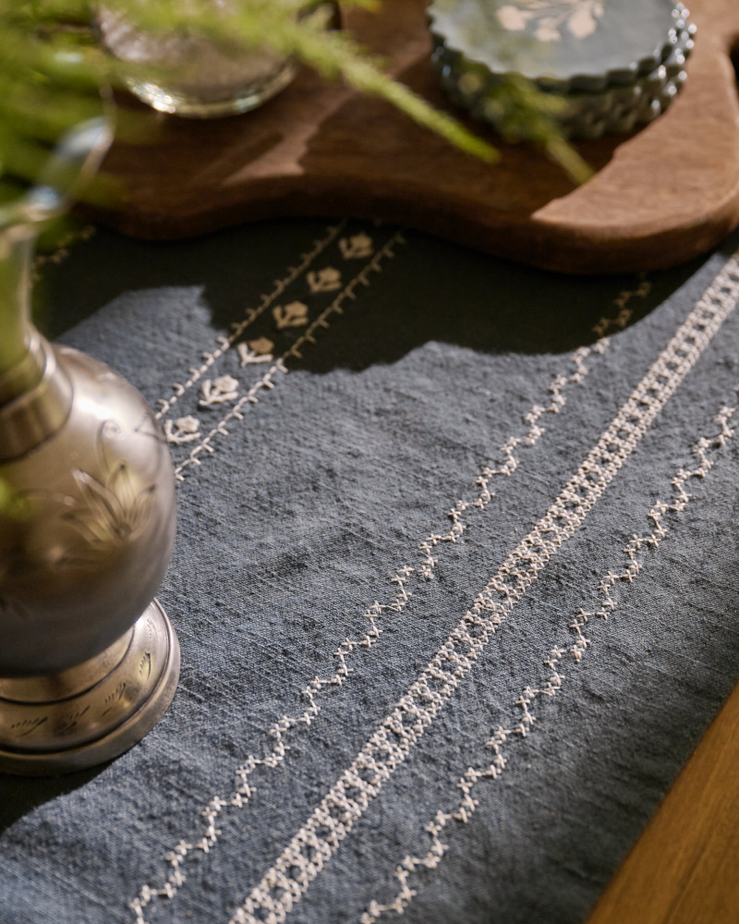 Dusty Blue Embroidered Table Runner