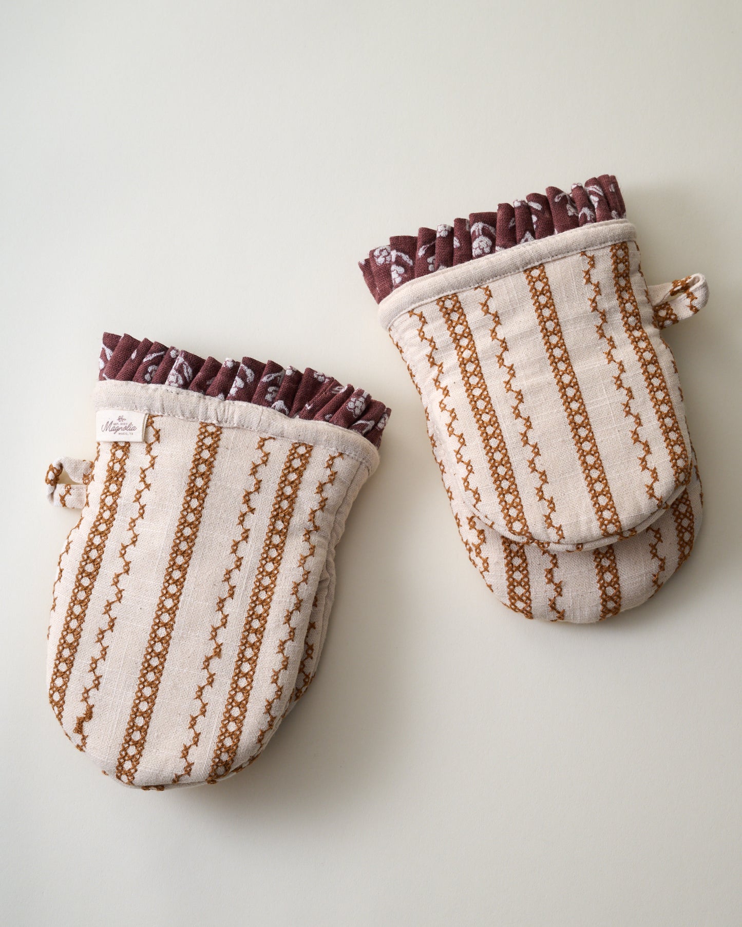 Natural Embroidered Stripe Oven Mitt Set of 2