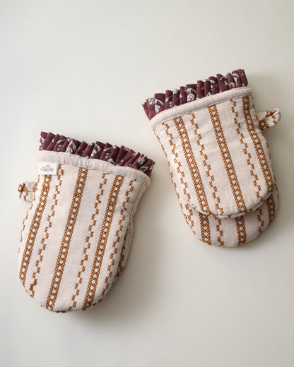 Natural Embroidered Stripe Oven Mitt Set of 2
