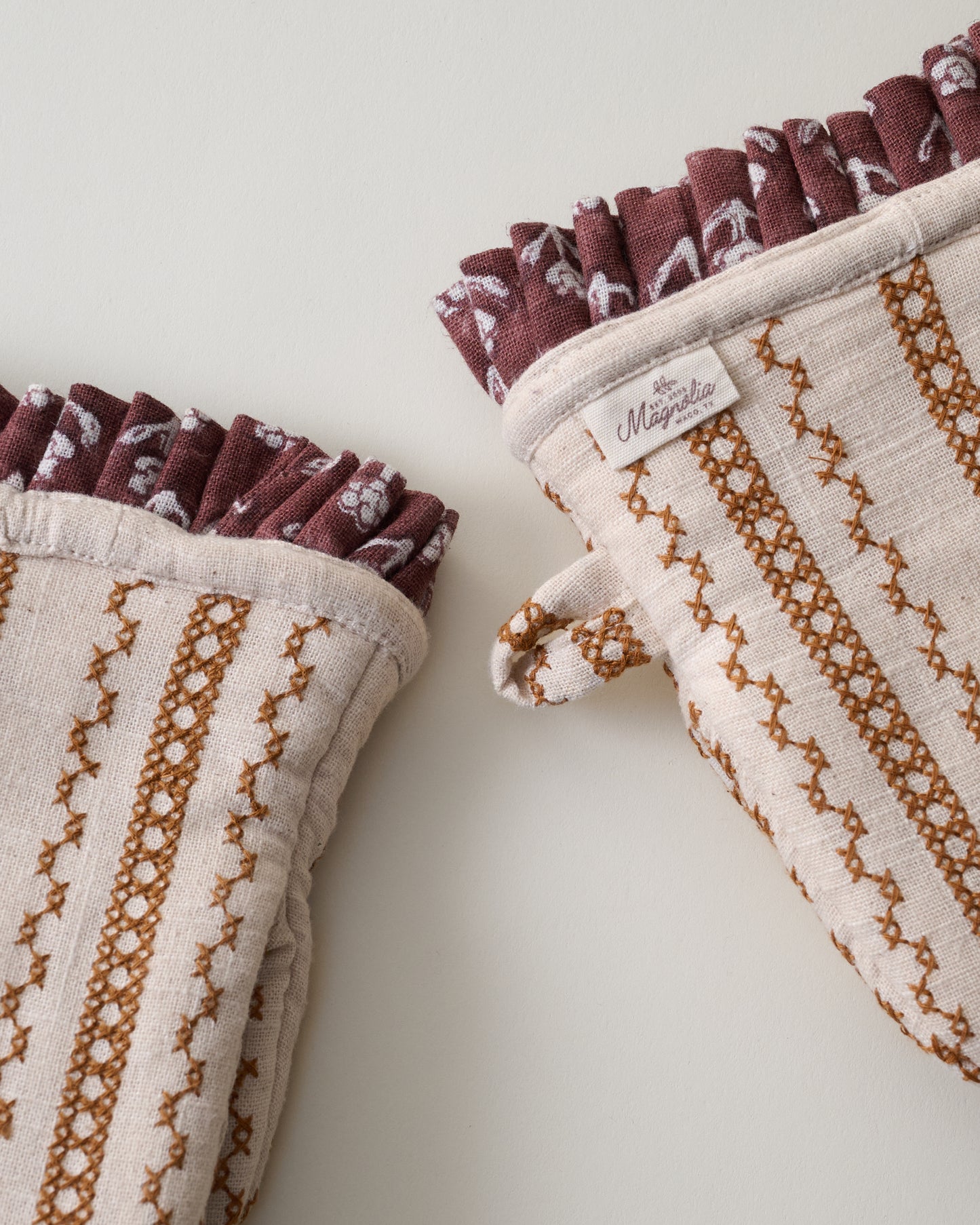 Natural Embroidered Stripe Oven Mitt Set of 2 close up detail