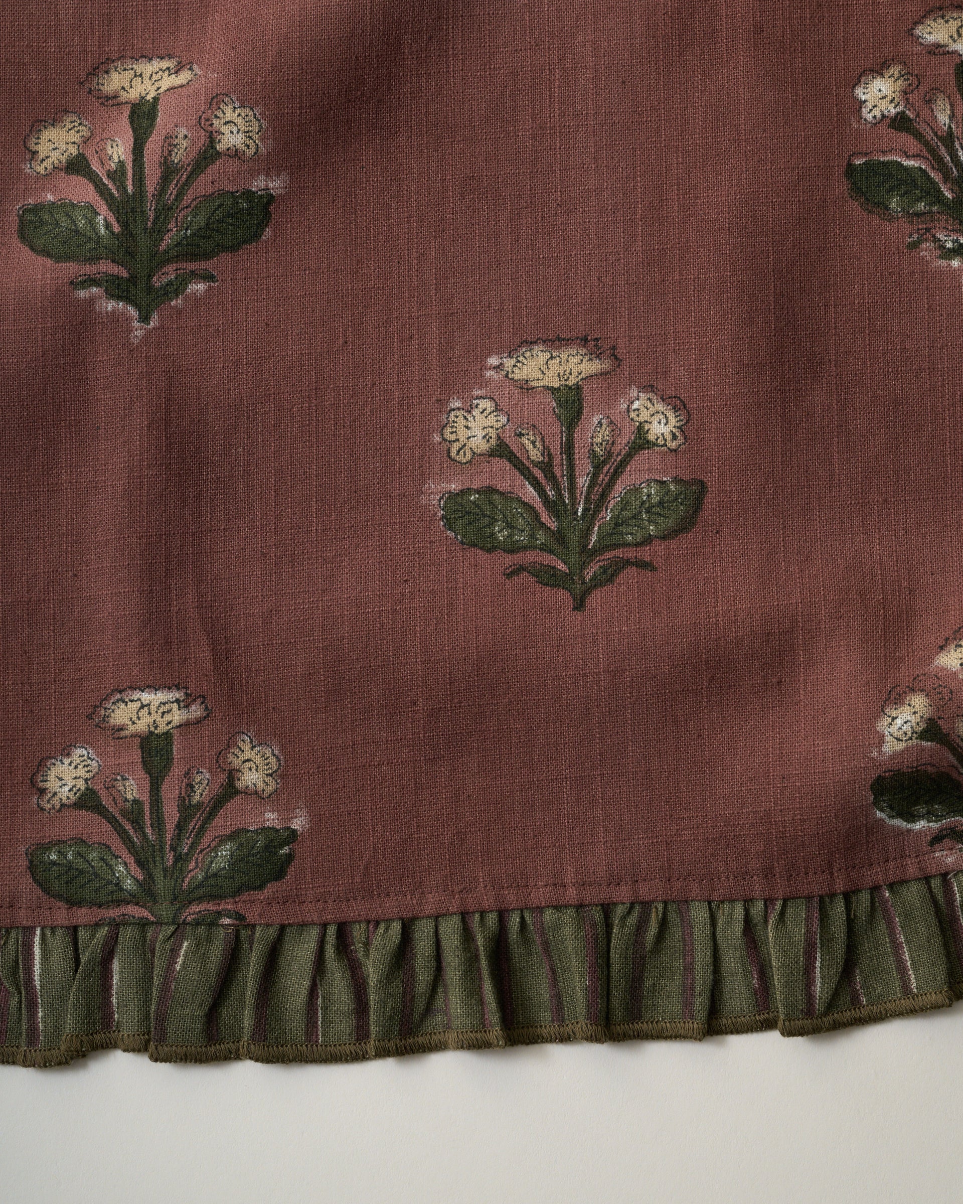 Copper Brown Herbarium Block Printed Tea Towel close up block print and ruffle trim