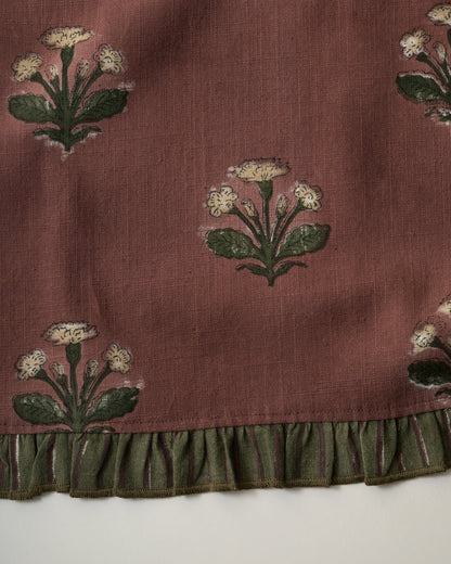 Copper Brown Herbarium Block Printed Tea Towel close up block print and ruffle trim