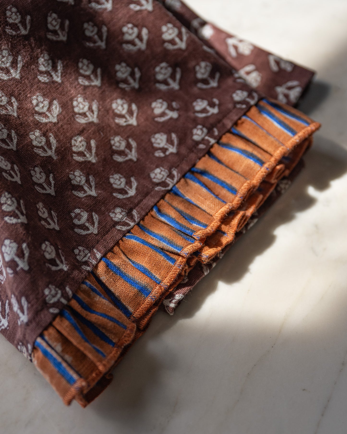 Chocolate Cosmos Block Printed Tea Towel close up ruffle trim