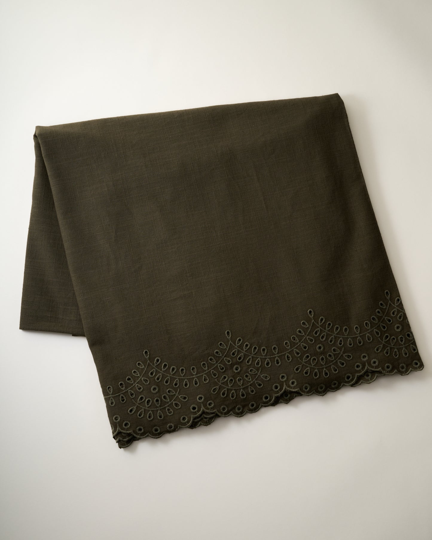 Olive Green Scalloped Eyelet Tablecloth