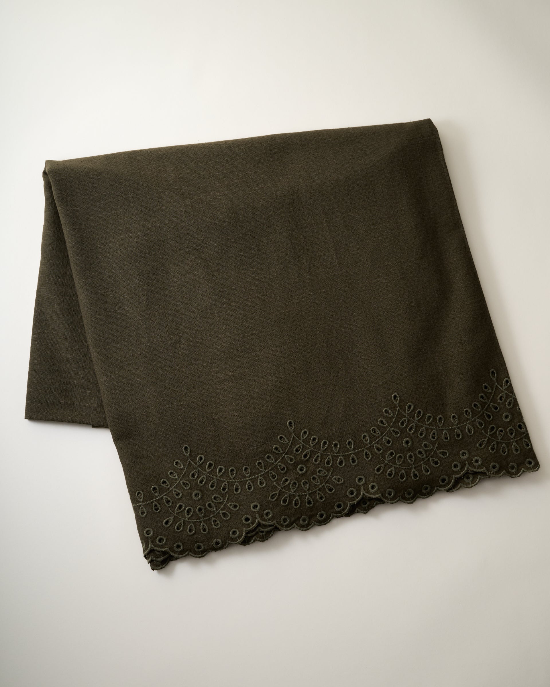 Olive Green Scalloped Eyelet Tablecloth
