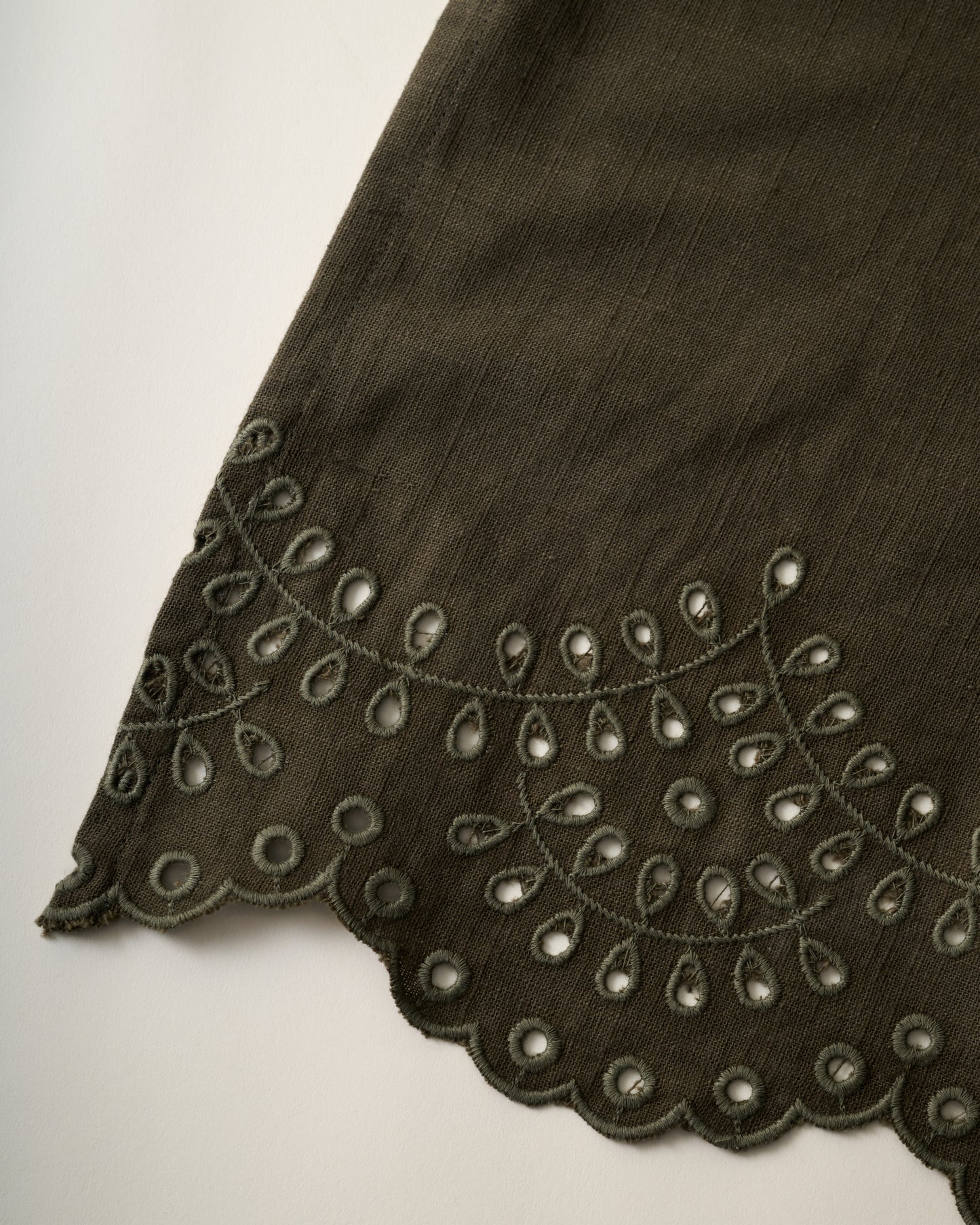 Olive Green Scalloped Eyelet Tablecloth close up