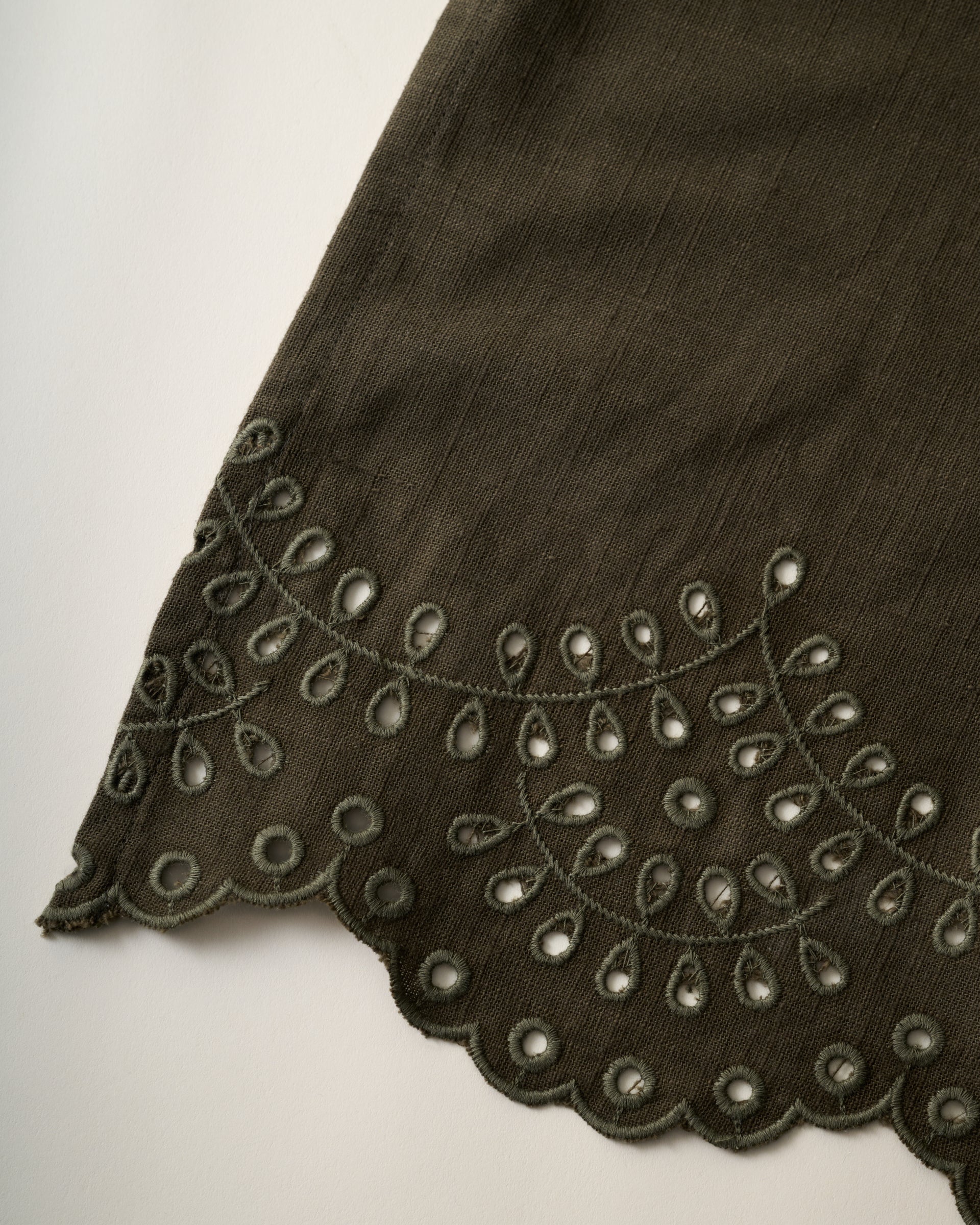 Olive Green Scalloped Eyelet Tablecloth close up
