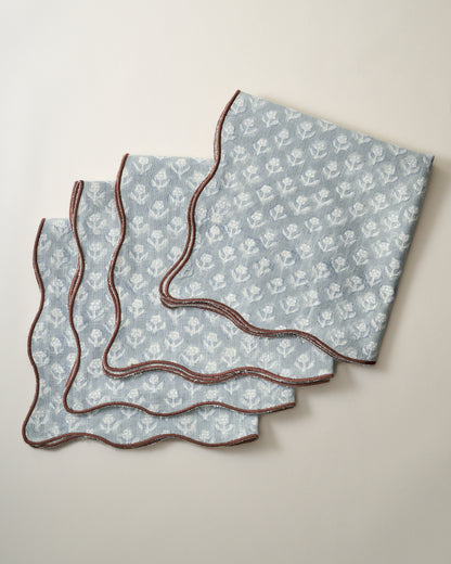 Dusty Blue Cosmos Block Printed Napkin Set of 4