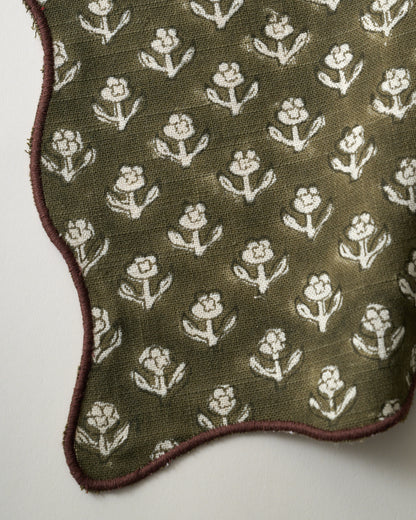 Olive Green Cosmos Block Printed Napkin Set of 4 close up