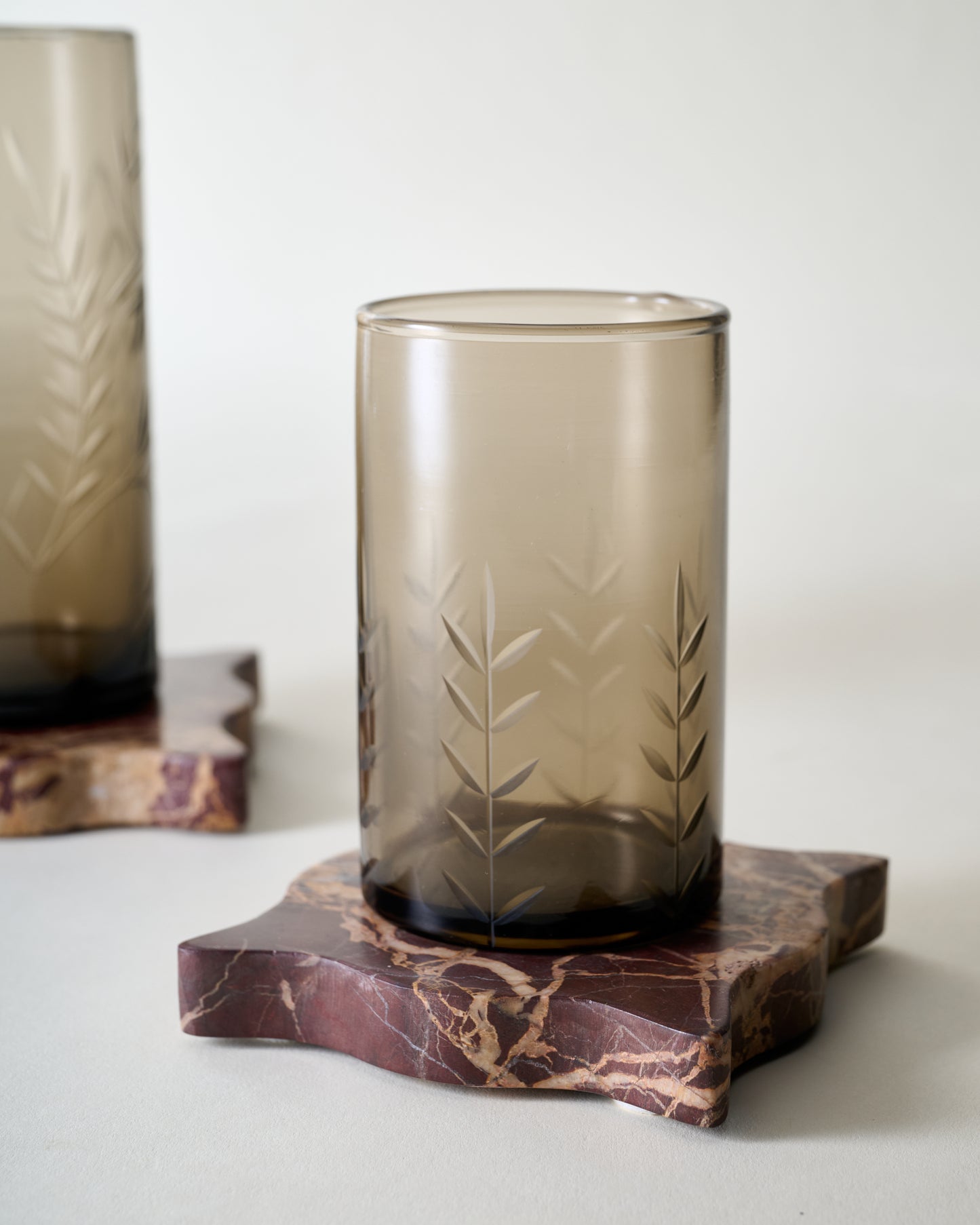 Wavy Scallop Marble Coaster Set of 4 Recycled Etched Brown Glass Tumbler