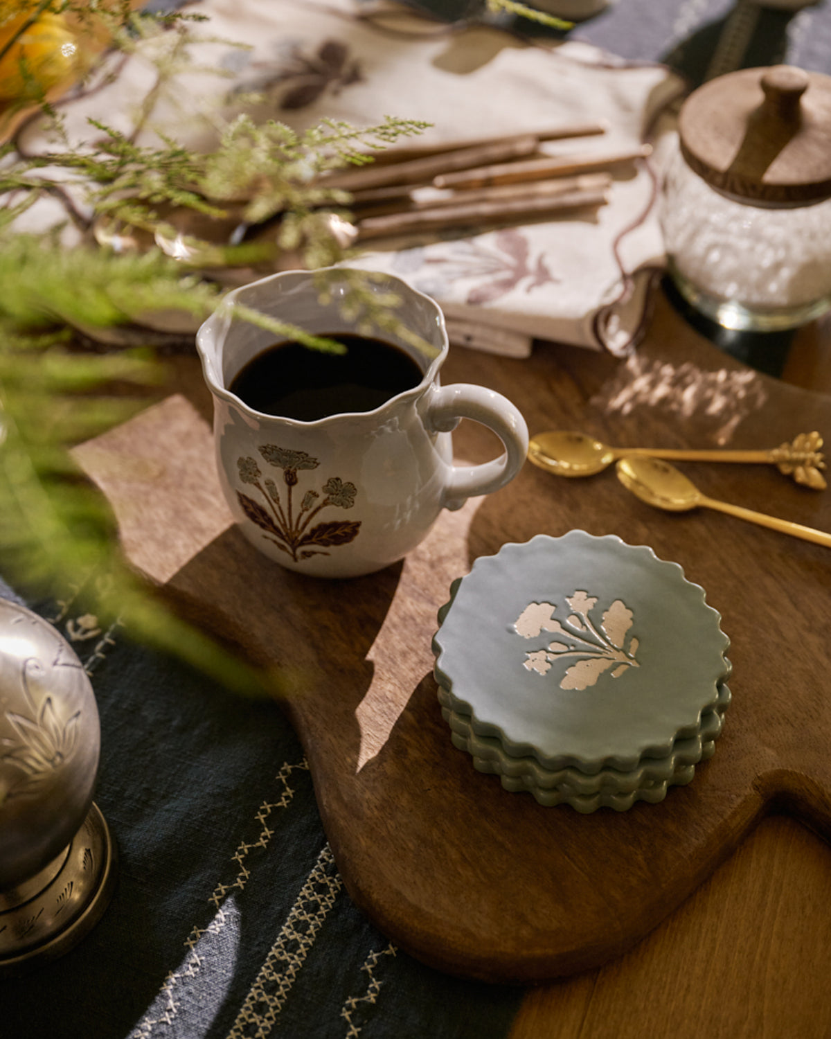Micro-Scallop Floral Coaster Set of Four with serving board and Elaine Mug