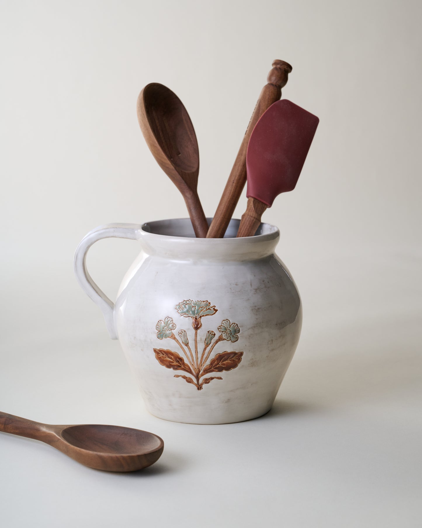 Elaine Floral Pitcher Crock with kitchen tools