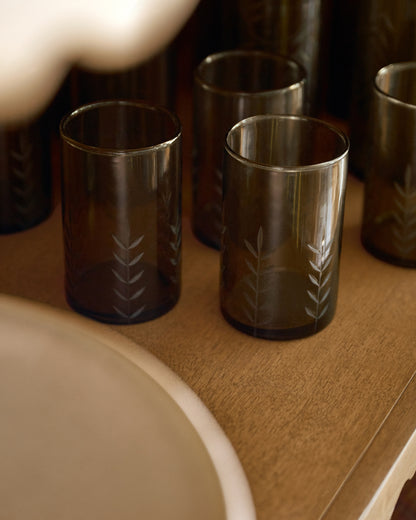 Recycled Etched Glass Tumbler, Brown Small on shelf