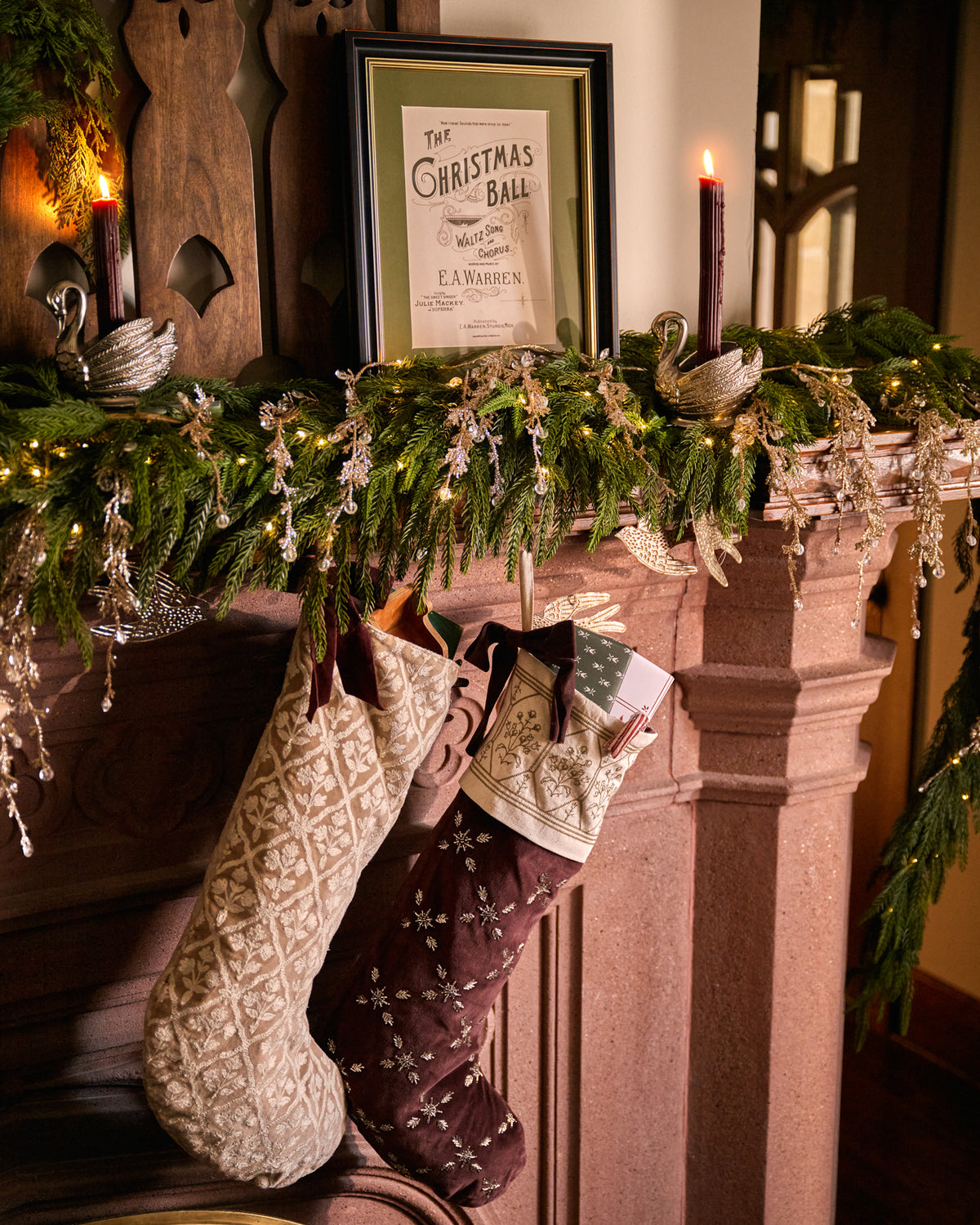 Crewel Embroidered Floral Stocking in Winter White in a room
