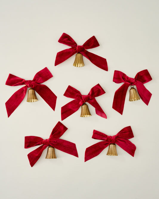 Velvet Bow with Bell Ornaments, Set of 6