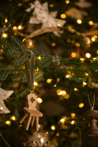 Hand-Carved Swedish Chair Ornament on a tree