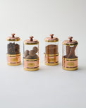 Antique Copper and Glass Spice Jars Set of Four with spices