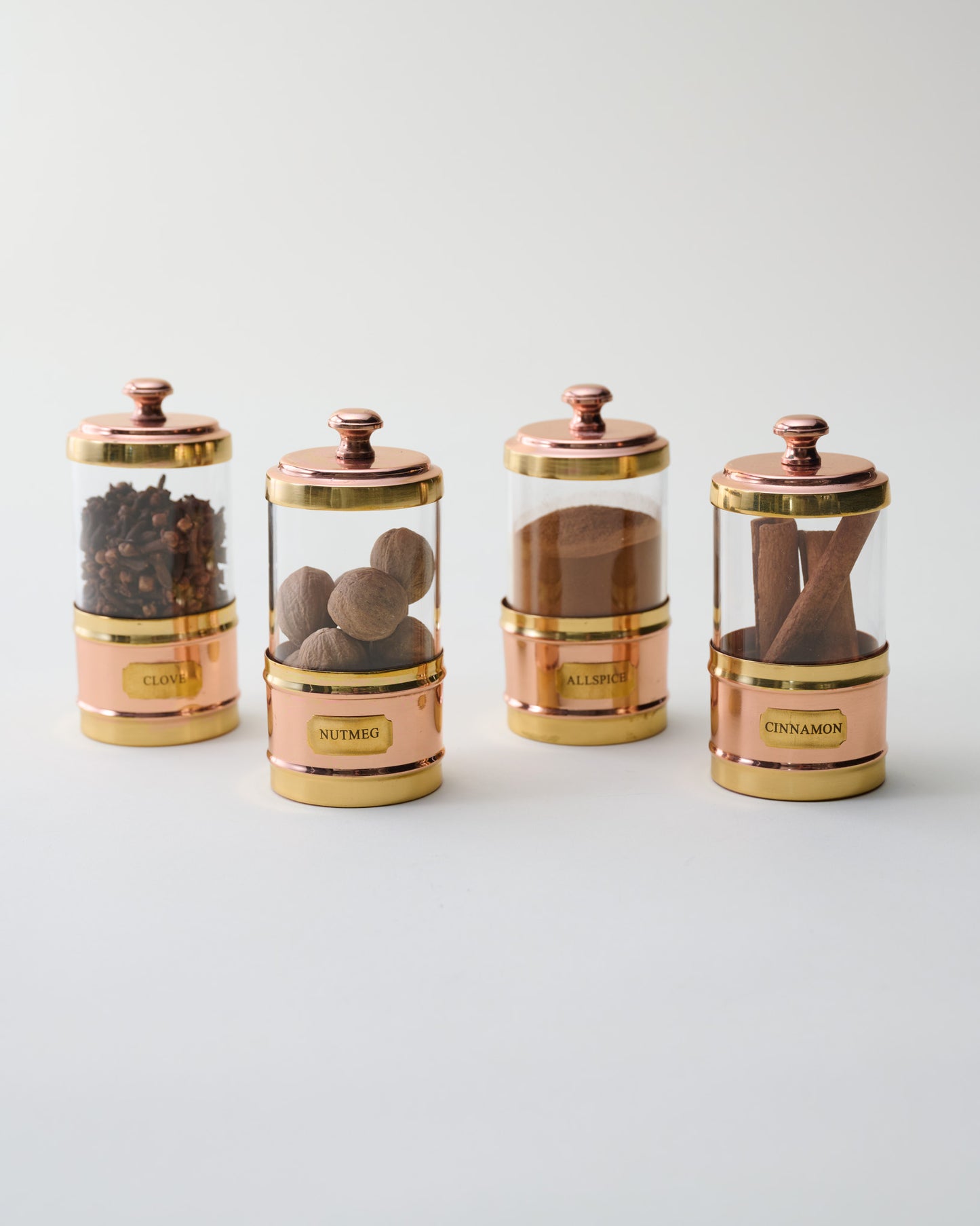 Antique Copper and Glass Spice Jars Set of Four with spices
