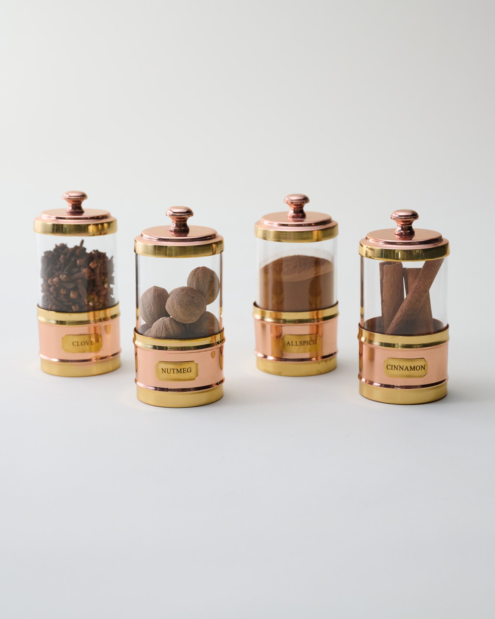 Antique Copper and Glass Spice Jars Set of Four with spices