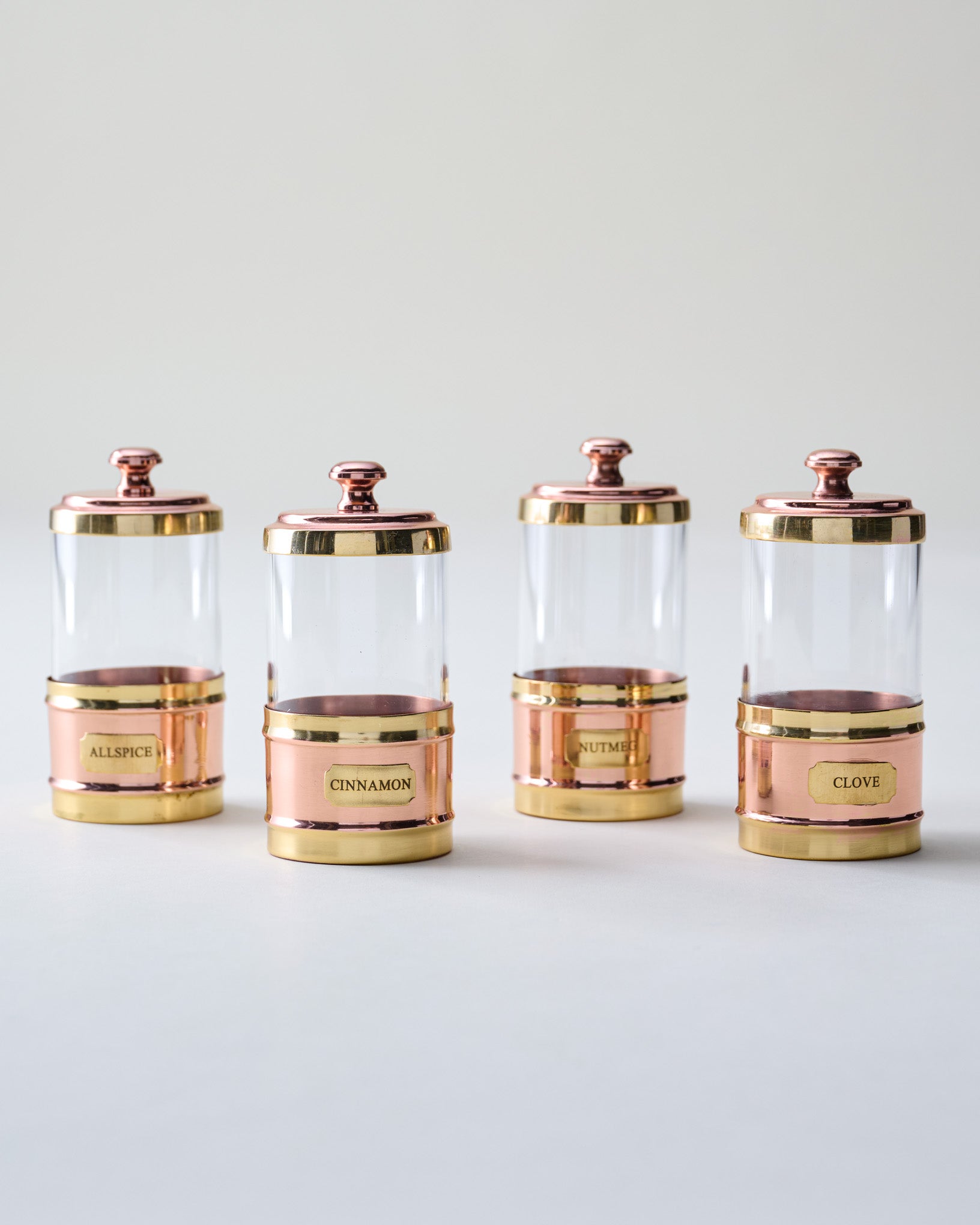Antique Copper and Glass Spice Jars Set of Four
