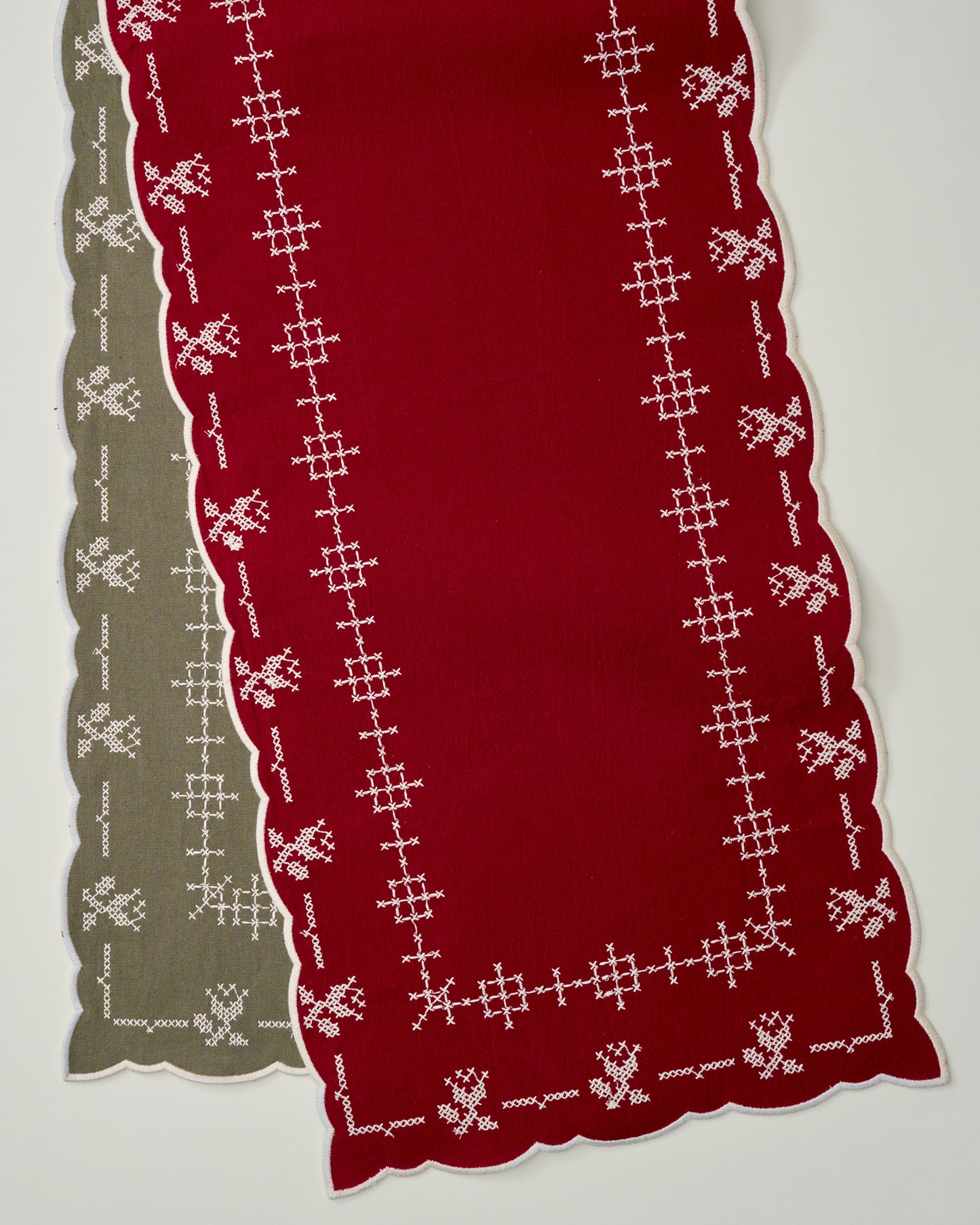 Olive + Red Cross Stitch Winter Tulip Reversible Table Runner - 73"x15"