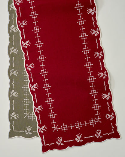 Olive + Red Cross Stitch Winter Tulip Reversible Table Runner - 73"x15"