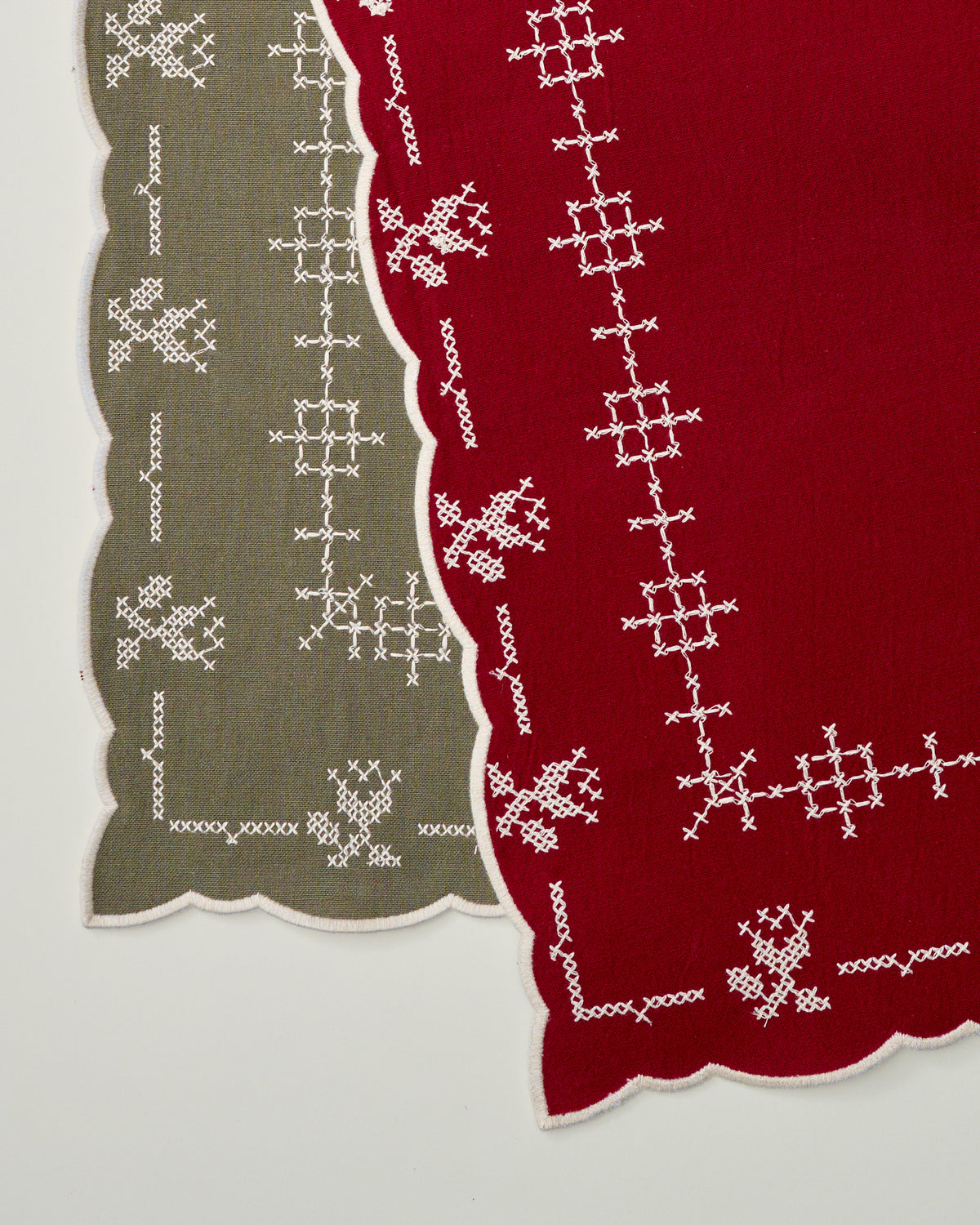Olive + Red Cross Stitch Winter Tulip Reversible Table Runner - 73"x15"