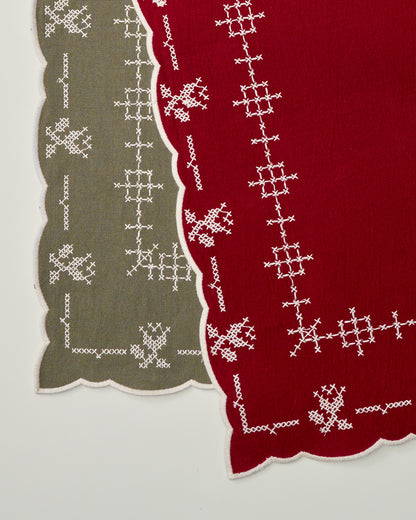 Olive + Red Cross Stitch Winter Tulip Reversible Table Runner - 73"x15"