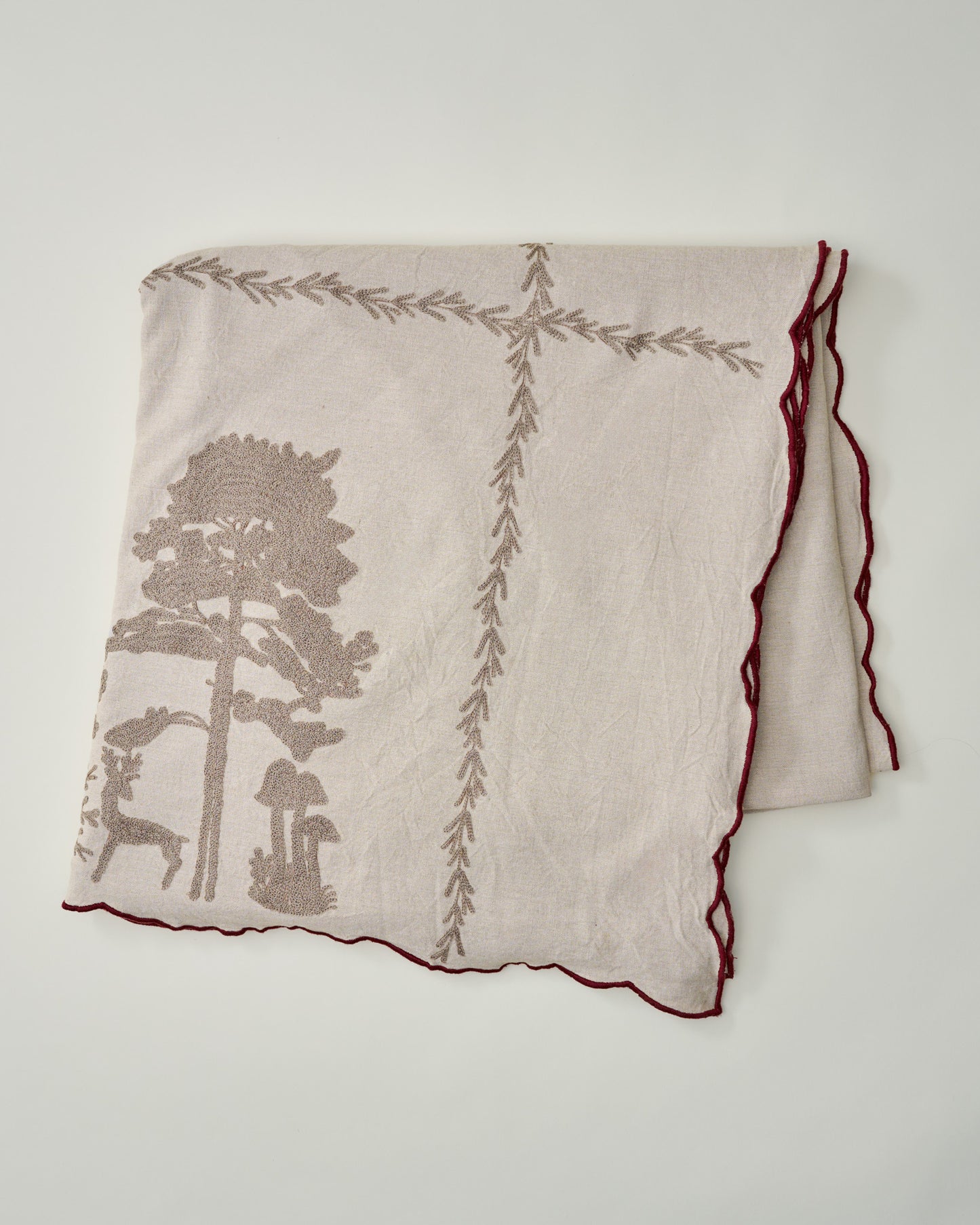 Crewel Embroidered Scalloped Tablecloth - 108"x70"