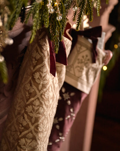 Crewel Embroidered Floral Stocking in Winter White detail